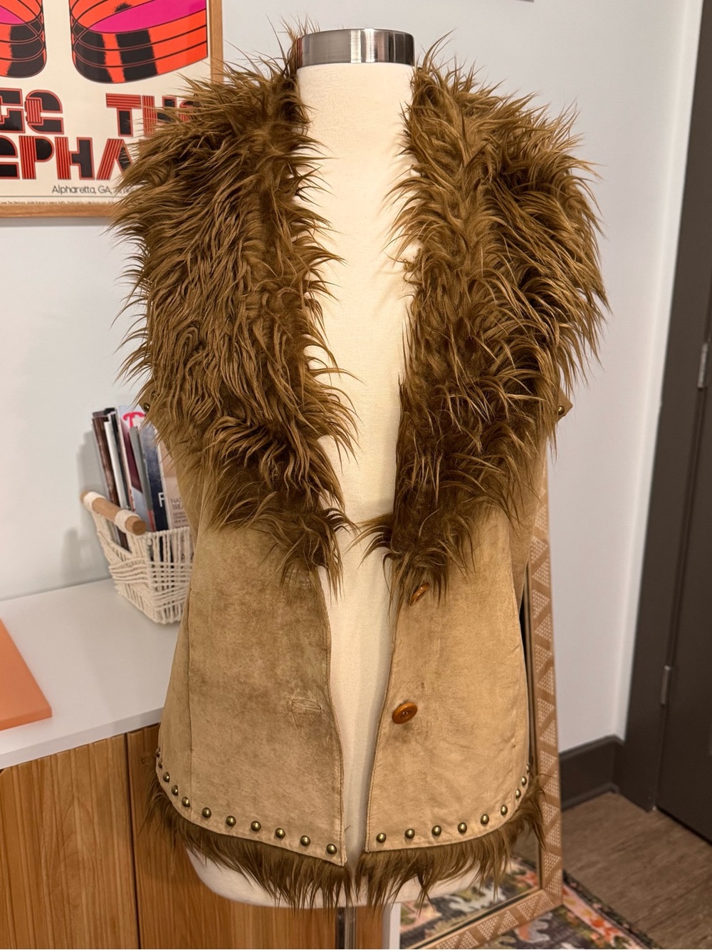 Vintage Brown Real Leather Studded Fur Trim Suede Vest Bohemian